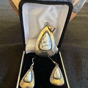 Sterling Silver White Howlite Teardrop Pendant & Earrings Set